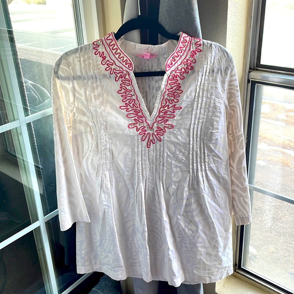 Lilly Pulitzer White Animal Print Tunic with Pink Detail